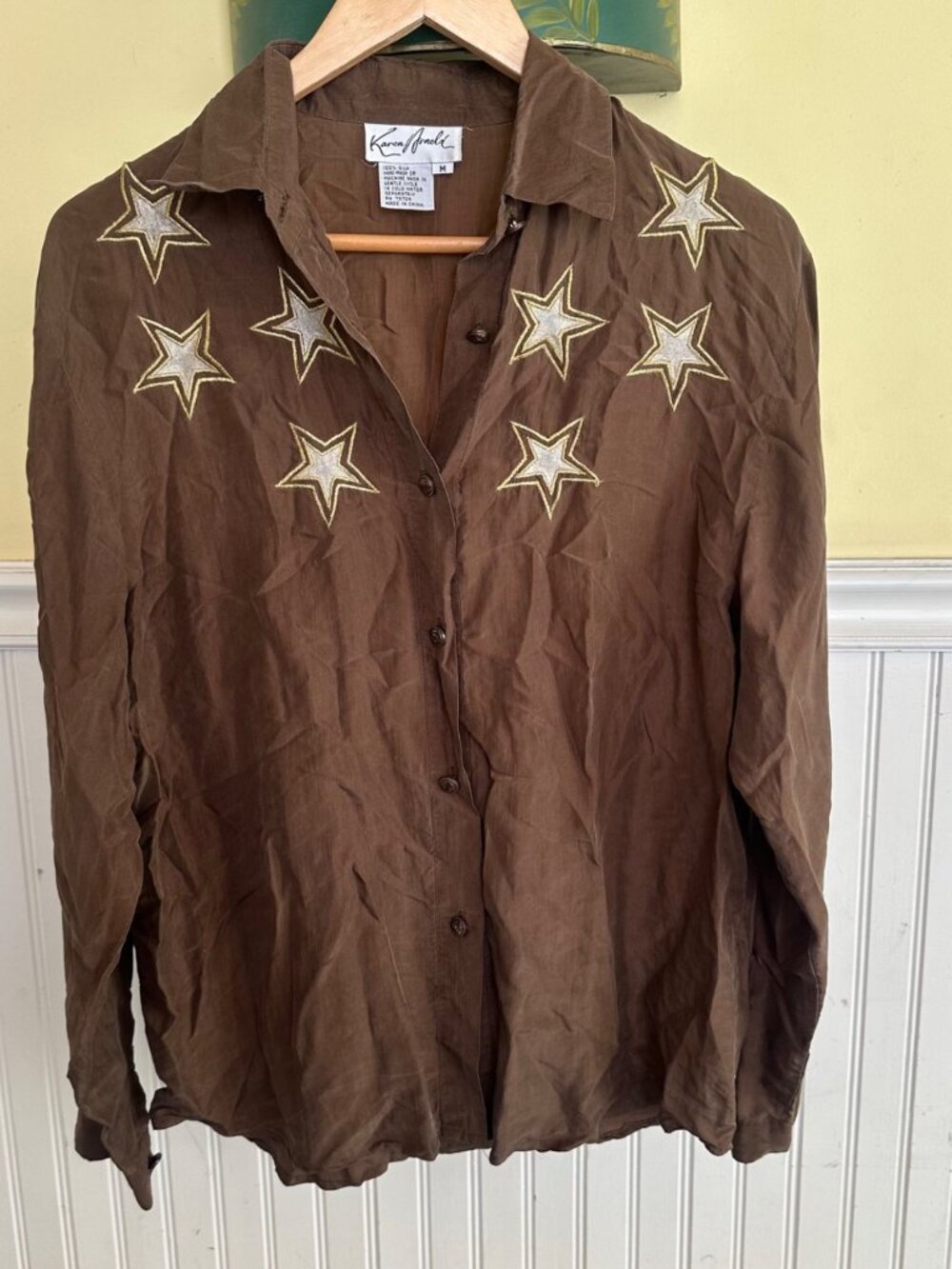 Karen Arnold Brown Silk Button-Up Shirt With Embroidered Stars Vintage
